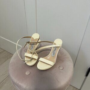 Jimmy Choo Cream Patent Leather Wedge Heel Sandals Size 35